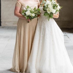Mori lee champagne sequin bridesmaid dress